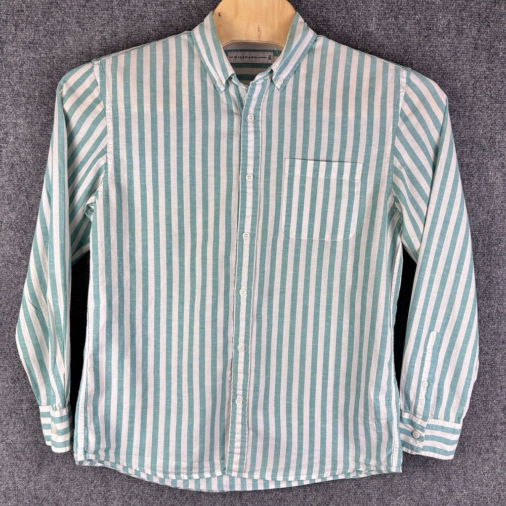 Giordano Mens XL Aqua White Stripe Linen Blend Shirt 68% Cotton 32% Linen